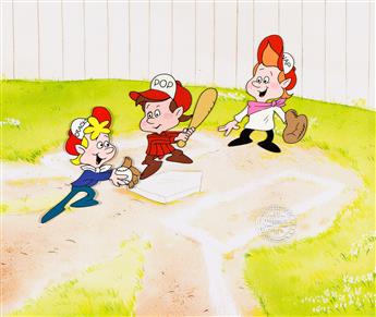 MURAKAMI / WOLF FILMS Rice Krispies: Snap, Cackle and Pop Baseball animation cel.